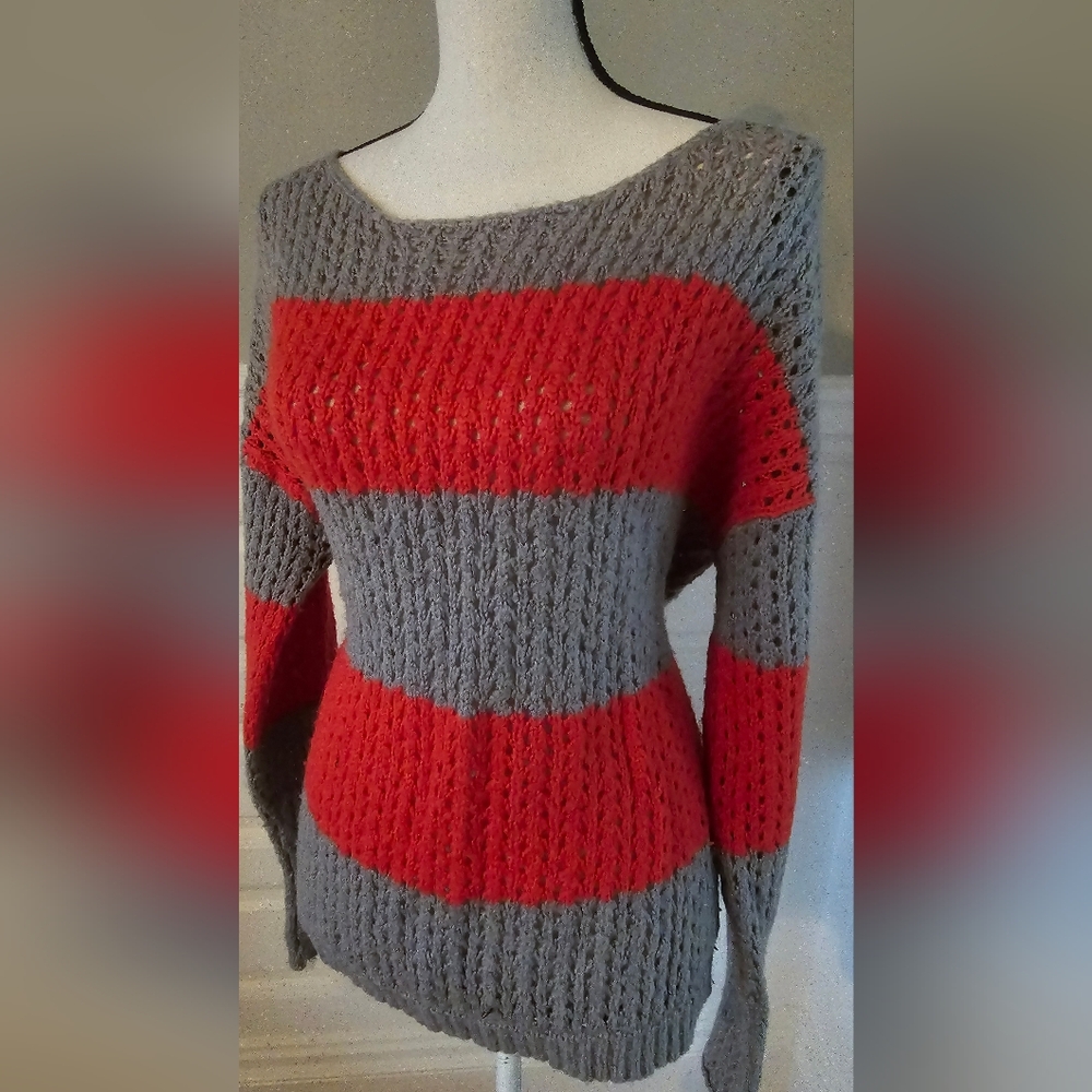 It's our time gray and orange striped large knit sweater size Xl